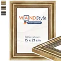 Produktbild: WANDStyle Bilderrahmen 15x21 Vintage, Bilderrahmen Gold Holz, hochwertiger Holzbilderrahmen Antik, Posterrahmen zum Aufhängen und Aufstellen, Rahmen 21x15 cm, Fotorahmen H450 - Made in Germany