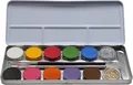 Produktbild: Eulenspiegel 212202 - Profi-Aqua Schminke, 10 Farben, 2 Glitzer, 2 Profi-Pinsel, Metall-Palette