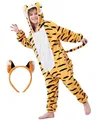 Produktbild: corimori Flauschiges Tiger-Kostüm für Kinder mit Haarreif | Karneval Fasching Kostüm Onesie für Mädchen, Jungen | Körpergröße 110-130cm