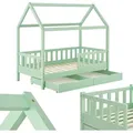 Produktbild: Juskys Kinderbett Marli 90 x 200 cm - Bettkasten, Gitter, Lattenrost & Dach - Holz Mint - Türkis