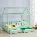 Produktbild: Juskys® Kinderbett Marli 90 x 200 cm mit Bettkasten 2-teilig, Rausfallschutz, Lattenrost & Dach - Massivholz Hausbett für Kinder - Bett in Mint