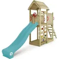 Produktbild: Stelzenhaus Klettergerüst JoyFlyer mit Rutsche, Kletterturm mit Sandkasten, Leiter & Spiel-Zubehör – Pastellblau - Wickey