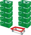 Produktbild: 10 Stapelkörbe, Euro-Format LxBxH 600 x 400 x 240 mm, Industriequalität, lebensmittelecht, grün + GRATIS Transportroller