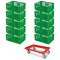 Produktbild: BRB 10 Eurobehälter, LxBxH 600x400x240 mm, Industriequalität, lebensmittelecht, grün + 1 Transportroller, rot