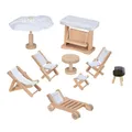 Produktbild: goki 51475 – Puppenmöbel Garten – 9-teiliges Set mit Schaukel, Grill und Sonnenschirm aus Holz für Puppenhäuser