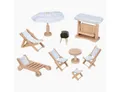 Produktbild: goki Puppenhausmöbel Puppengartenmöbel Weiß (packung, 9tlg., 9-teiligen Set), mit Grill, über Liegestühle und Sonnenschirm