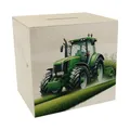 Produktbild: Traktor bei der Feldarbeit Spardose aus Holz Neuer Trecker Sparschwein Grüner Traktor fährt über Feld Landwirtschaftliche Acker-Arbeit Agrarmaschine Fahrzeug Motiv