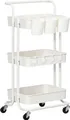 Produktbild: HOMCOM Servierwagen mit 3 Etagen Küchenwagen mit Griff Rollen Küchenregal mit Haken und Ablagekörben, Allzweckwagen Küchenrollwagen, Weiß