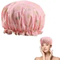 Produktbild: Doppelschichtige Duschhaube für Frauen, elastisches Band, wiederverwendbare Duschhaube für Haare, wasserdichte Kunststoff-Duschhaube mit Rüschen, die die Ohren bedecken, geeignet für langes, kurzes