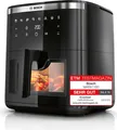 Produktbild: Bosch Heißluftfritteuse Serie 6, XXL 7,2 L Fassungsvermögen, 7 voreingestellte Programme, beleuchtetes Sichtfenster, bis zu 65% schnelleres Kochen, AirFryer in Schwarz, MAF671B0