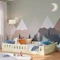 Produktbild: Bellabino Bodenbett Miera 140x200 cm, Montessori Kinderbett Natur lackiert, Bett für Kinder inkl. Rausfallschutz und Rolllattenrost mit Eingang aus Birke Sperrholz