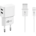 Produktbild: Goobay - Apple Lightning Dual-ladeset (12 W), Netzteil Mit 2x Usb-anschlüssen, Apple Lightning-kabel, 1 M, Weiß.