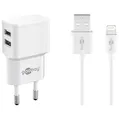 Produktbild: Goobay 44979 USB Netzteil + Ladekabel Set / 2 Port Adapter für Steckdose – 2,4 A (12W) USB-Netzteil mit Schutzelektronik/inkl. 1m Lightning Kabel/Weiß