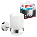Produktbild: tesa SMOOZ Zahnputzbecher mit Halterung - Becher aus satiniertem Glas, verchromte Wandhalterung - zur Wandbefestigung ohne Bohren, inkl. Klebelösung - 113 mm x 79 mm x 124 mm