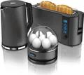 Produktbild: Arendo - Wasserkocher mit Toaster und Eierkocher SET Edelstahl Grau Wasserkocher 1,5L 40° - 100°C, Toaster 2 Scheiben LED-Display 6 Bräunungsgrade Eierkocher 1-7 Eier Messbecher BPA frei