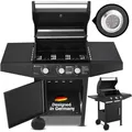 Produktbild: Bbq Gasgrill Louisiana 8,1 kW mit 3 Brenner, Grillrost, Deckel mit Thermometer, Warmhalterost & Seitenablagen – Grillwagen mit Stahl Korpus - Juskys
