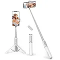 Produktbild: ATUMTEK Selfie Stick Stativ, 3-in-1 Ausziehbares Aluminium Handy Stativ mit kabelloser Bluetooth-Fernbedienung, Kompatibel mit iPhone 17/16/15/14/13/12 mini/11 Pro und Samsung Smartphones, Weiß