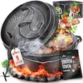 Produktbild: grillas Dutch Oven Set inkl. Rezeptideen | bereits eingebrannt - preseasoned | Feuertopf Gusseisen I Bräter mit Deckelheber und Henkel (Topf ohne Füße, 9 Liter / 9 QT)