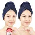 Produktbild: Hammetex 2er Set Badehandtuch 100% Baumwolle, Flauschig Saugstark und Schnelltrocknend, Handtuch mit Knopf für Haare, Damen, Dunkelblau
