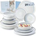 Produktbild: SÄNGER | Tafelservice Santorini 24 tlg, Teller Set 8 Personen, Steingut Geschirr Set, Essservice inkl. Speiseteller Dessertteller & Tiefe Teller, Geschirr Cremefarben mit Flieder Blauem Verlauf