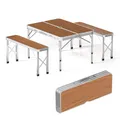 Produktbild: Wiltec Koffertisch mit 2 Bänken Holzdesign Aluminium 90x66x70 cm Campingtisch klappbar Sitzgruppe Campingmöbel Outdoor Camping Tisch faltbar