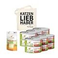 Produktbild: I Love My cat Futterset für Katzen mit sensibler Verdauung – 12 Dosen getreidefreies Nassfutter mit Insekten (je 100 g) + Gastro Relax Pulver 80 g + Jutebeutel