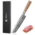 Produktbild: Wakoli Damast Chefmesser Tanto – 20 cm Klinge aus 67 Lagen VG10 Damaststahl mit Hammerschlag, Nussbaumholzgriff, extrem scharfes Profi-Kochmesser in Geschenkbox für Hobbyköche & Profis