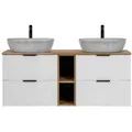 Produktbild: Lomadox Waschtisch ADELAIDE-56-WHITE, 140cm, weiß mit Eiche Nb., Keramik-Aufsatzbecken Beton Optik hell weiß 141 cm x 73 cm x 47 cm