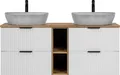 Produktbild: Waschtisch 140cm mit 2 Aufsatzbecken in Betonoptik, weiß mit Eiche Nb., Front gerillt, ADELAIDE-56-WHITE