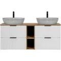 Produktbild: Lomadox - Waschtisch 140cm Mit 2 Aufsatzbecken In Betonoptik, Weiß Mit Eiche Nb., Front Gerillt, Adelaide-56-white