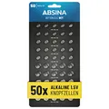 Produktbild: ABSINA 50er Pack Alkaline Knopfzellen Sortiment - je 10x AG1, AG4 & AG10 / 15x AG3 / 5X AG13-1,5V Batterie Sortiment auslaufsicher - Knopfzellen Set gemischt