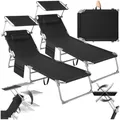 Produktbild: tectake® 2er Set Sonnenliege klappbar und tragbar, Liege mit Seitentasche, Strandliege, Gartenliege mit Dach, Liegestuhl mit Verstellbarer Rückenlehne, Kopfkissen - für Balkon, Terrasse (schwarz)
