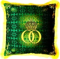 Produktbild: Pompöös by Casa Padrino Dekokissen Harald Glööckler Luxus Deko Kissen Pompöös by Barock Muster Grün / Gold 50 x 50 cm - Glööckler Kissen mit Glitzersteinen
