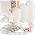 Produktbild: SÄNGER | Servierplatten Korfu 11 tlg, Schalen & Teller Set, Geschirrset Steingut inkl. Servierplatten & Dip Schalen, Servierset Spülmaschinenfest Creme mit sandiger Maserung| PREMIUM COLLECTION