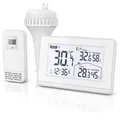 Produktbild: BEARWARE Funk Poolthermometer, Schwimmthermometer, Wasserthermometer mit Wetterstation, Reichweite bis 60m, Außensensor, Wassertemperatur, Luftfeu... - Weiß