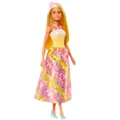 Produktbild: Barbie Royal-Puppe mit fantasievollem Haar mit farbenfrohen Strähnchen, bunten Accessoires, Oberteil in Gelb mit Farbverlauf und Rock mit Schmetterlingsmuster, HRR09