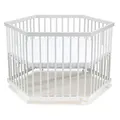 Produktbild: FabiMax Baby Laufgitter 6-eck Weiß lackiert, stufenlos höhenverstellbar, mit Schlupfsprossen, Laufstall aus massivem Buchenholz (Matratze Classic)