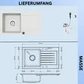 Produktbild: [Granitspüle 76x44 in verschiedenen Farben]Hochwertig beidseitig Montierbar Küchenspüle Eckig Einbaugranitspüle Granit Spülbecken f. Unterschränke ab 45 cm inkl.Siphon Set, K-Farbe:Weiß