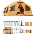 Produktbild: VEVOR Aufblasbares Zelt für Camping 8-12 Personen mit Handpumpe, 4,8x3,6x2,2 m Glamping-Zelt mit 2 Oberlichtern, Baldachin, Ofenanschlus - Gelb