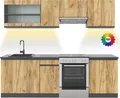 Produktbild: Küchenzeile Vicco Raul Goldkraft Eiche/Anthrazit 240 cm J-Shape, ohne Arbeitsplatte mit LED-Leisten, Model 51930