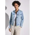 Produktbild: Jeansjacke STREET ONE, Damen, Gr. 40, ultra bleached wash, Denim/Jeans, Obermaterial: 63% Baumwolle, 25% Polyester, 10% Viskose, 2% Elasthan, unifarben, tailliert hüftlang, Rundhals, 1-Knopf-Manschette, Jacken Jeansjacke, im Bleached-Look und mit Knopfleiste