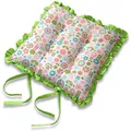Produktbild: Homescapes Sitzkissen 40x40 cm „Retro-Blumen“ grün-rosa – Vintage Stuhlkissen mit Rüschen & Bändern, Wende-Design mit gestreifter Rückseite, waschbar & Oeko-TEX