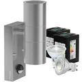 Produktbild: Oktaplex Chile Außenwandleuchte mit Bewegungsmelder Edelstahl inkl. 2x GU10 Leuchtmittel warmweiß 2700K Wandlampe IP44 Up and Down Leuchte 230V silber