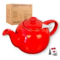 Produktbild: – Teekanne mit Siebeinsatz aus Porzellan 1,1 L · Keramik Teekanne rot tropffr...