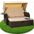 Produktbild: Gartenliege Polyrattan Bett in braun inkl. Sonnendach Rattan Sofa Loungeliege