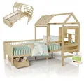 Produktbild: Juskys Kinderbett Yari 90x200 cm - Einzelbett mit Schreibtisch & Schublade, Kiefernholz & Langlebige Materialien, Verspieltes Haus-Design - Natur