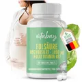 Produktbild: Vitabay Folsäure Tabletten Hochdosiert 1000 mcg (VItamin B9) - 240 VEGANE Tabletten - Folsäure Kinderwunsch Schwangerschaft Vitamine - für Männer - Hohe Bioverfügbarkeit - Laborgeprüft