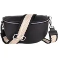 Produktbild: MIRROSI Bauchtasche Damen, Echtleder, Leder, Made in Italy, Umhängetasche, Brusttasche, (Schultertasche für jeden Anlass (1 Tasche & 2 Gurte), 3 Größen auswählbar), Crossbody Bag, Schwarz, gemusterten& verstellbaren Schulterriemen beige|schwarz Mittelgroße Tasche (25x16x7cm)