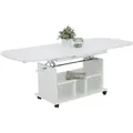 Produktbild: Couchtisch mit Funktionen, Wohnzimmertisch Babsi - Nachbildung Weiß - höhenverstellbar und ausziehbar - Rollenfüße - große Ablage - 107x157x67cm - Weiß