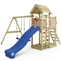 Produktbild: WICKEY Spielturm Klettergerüst MultiFlyer mit Holzdach, Schaukel & Blauer Rutsche, Outdoor Kinder Kletterturm mit Sandkasten, Leiter & Spiel-Zubehör für den Garten